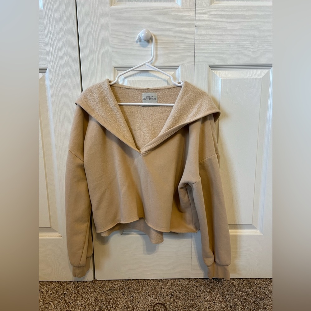 Urban Outfitters - Tan, off-shoulder, cropped hoodie
